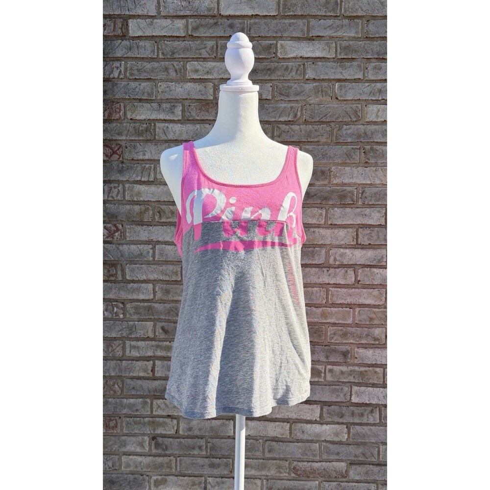Victoria's Secret PINK Scoop Back Tank Top Small Gray & Pink Colorblock + Logo